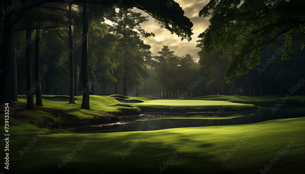 a golf course is shown through some trees, generative ai - obrazy, fototapety, plakaty 