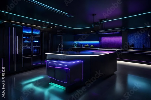 A futuristic kitchen with holographic displays, LED lighting, and sleek black surfaces. A cutting-edge culinary haven for the tech-savvy homeowner photo