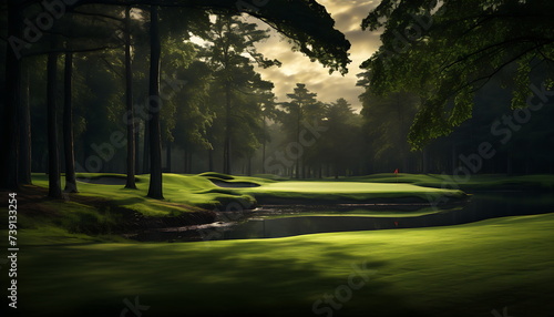 a golf course is shown through some trees, generative ai photo