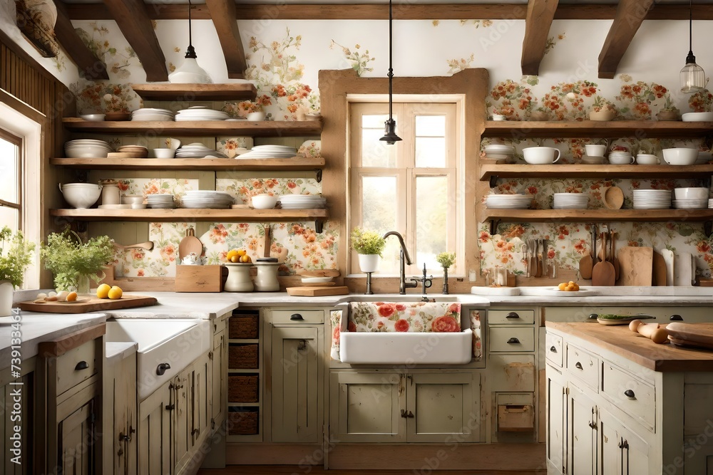 A country cottage kitchen with floral prints, open shelving, and a farmhouse sink. Warm and inviting, reminiscent of a charming countryside home