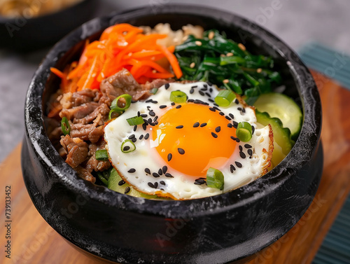 Traditional Korean bibimbap with fried egg 