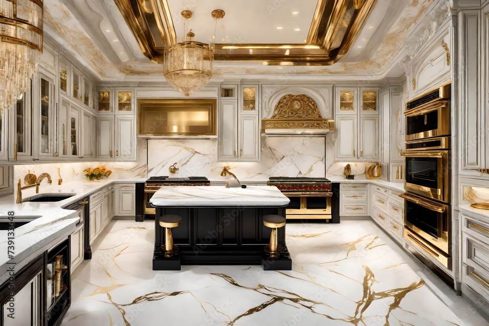 A luxury kitchen with marble flooring, gold accents, and state-of-the-art appliances. An opulent culinary space that defines sophistication - obrazy, fototapety, plakaty 