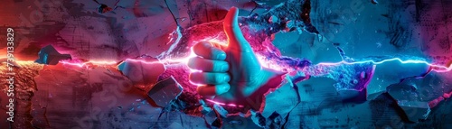Glowing neon hand thumb up coming out of a cyberpunk torn paper hole vibrant night life photo