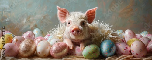 Playful pig in a fluffy Easter outfit surrounded by glossy multicolored eggs on a gentle pastel canvas