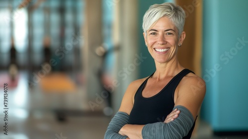 Portrait of a sporty smiling middle-aged woman with a beautiful appearance and body in the gym, fitness and yoga classes for health