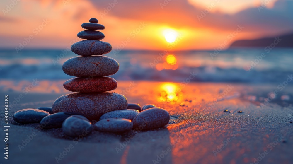 Balanced pebble pyramid silhouette on the beach. Balanced pebble pyramid silhouette on the beach.