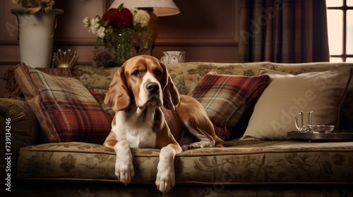 A purebred dog lies on a comfortable sofa in a modern living room, copi space