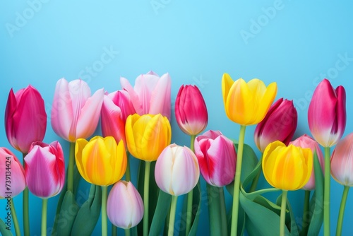 spring flowers bouquet on blue background. tulips and daffodils arranged together