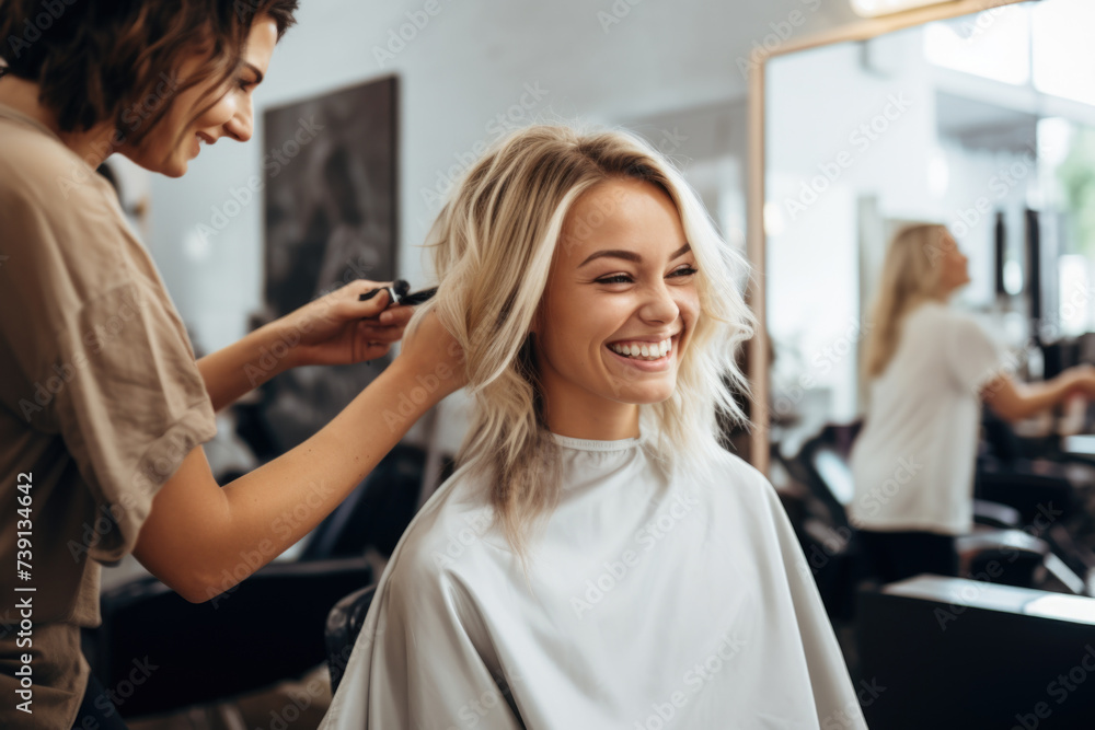 Young female hairdresser fixing hair of gorgeous smiling woman with hairspray. Hairdress and beauty concept Young female hairdresser fixing hair of gorgeous smiling woman with hairspray. Hairdress and beauty concept