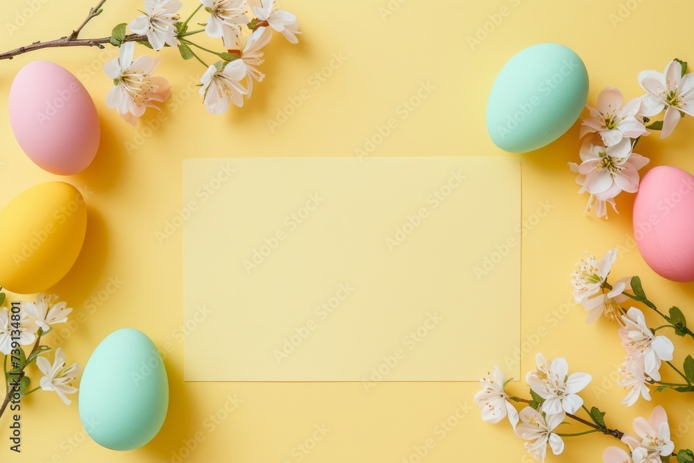 Decorated Easter eggs with flowers laid out in a circle on a yellow background with a yellow leaf in the center with space for copy text. Spring card. Valentine's day, wedding day and anniversary conc Decorated Easter eggs with flowers laid out in a circle on a yellow background with a yellow leaf in the center with space for copy text. Spring card. Valentine's day, wedding day and anniversary conc
