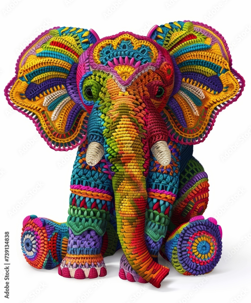 Obraz premium Illustration vector designs a handcrafted style elephant with detailed crochet patterns and vibrant yarn colors White background