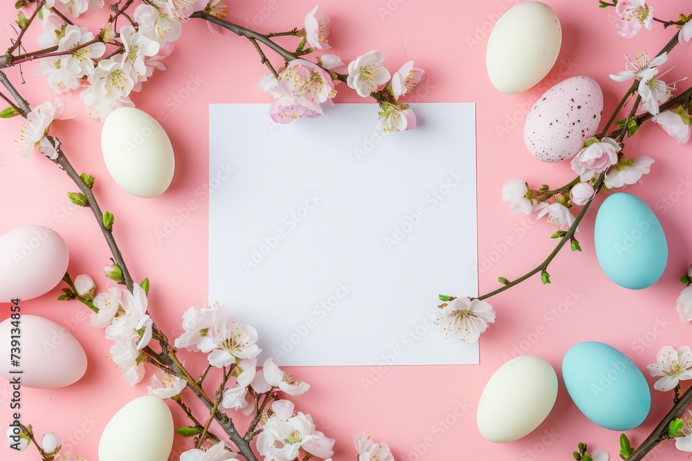 Decorated Easter eggs with flowers laid out in a circle on a pink background with a white sheet in the center with space for copy text. Spring card. Valentine's day, wedding day and anniversary concep Decorated Easter eggs with flowers laid out in a circle on a pink background with a white sheet in the center with space for copy text. Spring card. Valentine's day, wedding day and anniversary concep