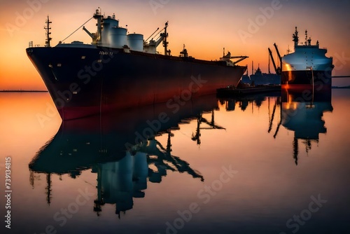 Capturing the reflection of an oil tanker on the calm waters of a harbor at dusk © momina