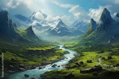 Beautiful landscape with a mountain river among the green slopes of the mountains  travel and tourism concept