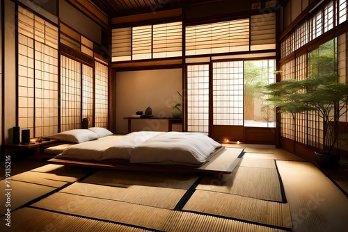 A serene Japanese-inspired bedroom with tatami mats, shoji screens, and minimalistic decor. Soft lighting creates a tranquil and harmonious atmosphere