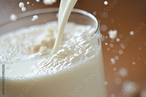 In a gentle flow, milk fills a cup from a glass, embodying the tranquility of daily rituals. photo