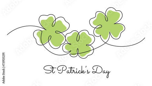 St. Patrick's Day minimal one line art greeting card typography with clover and lettering style text. Vector illustration.
