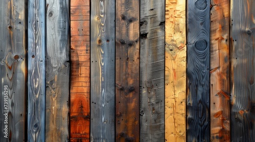 "Texture rustique : séquence de planches de bois colorées, ambiance authentique avec imperfections et noeuds."