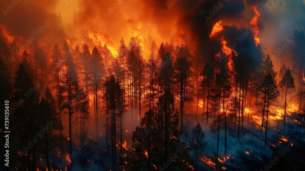 Fire in the forest at night. Burning trees. natural disaster. Fire and smoke in nature Fire in the forest at night. Burning trees. natural disaster. Fire and smoke in nature