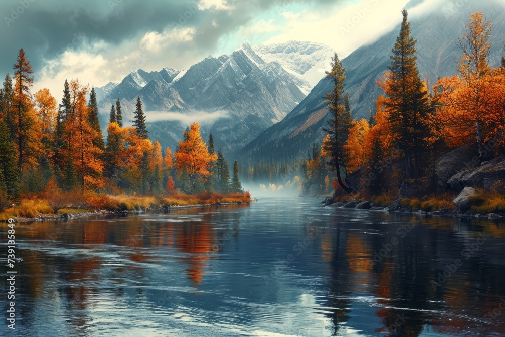 Autumn landscape of a mountain lake, golden crowns of trees and mountains in the distance. The concept for the development of tourism, mountaineering, skiing, rock climbing, excursions in the mountain - obrazy, fototapety, plakaty 