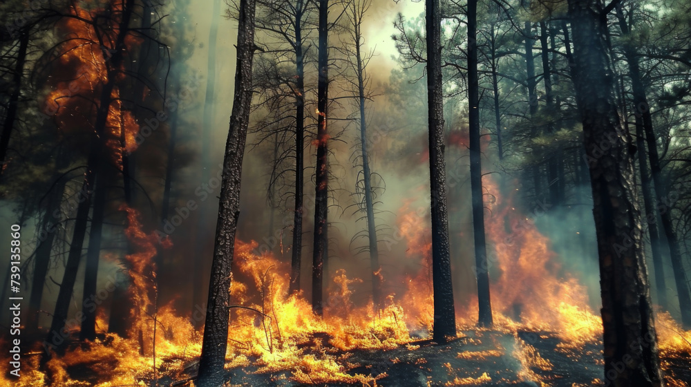 Obraz premium Fire in the forest at night. Burning trees. natural disaster. Fire and smoke in nature