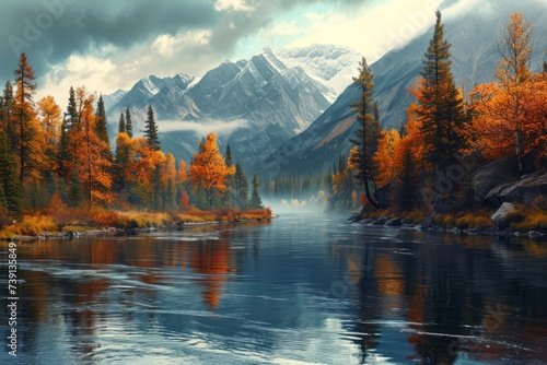 Autumn landscape of a mountain lake, golden crowns of trees and mountains in the distance. The concept for the development of tourism, mountaineering, skiing, rock climbing, excursions in the mountain