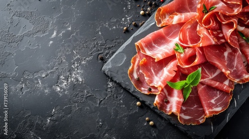 Thinly sliced jamon slices on a dark background with copyspace for your text, gourmet food 