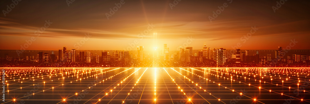 Renewable energy concept with solar panels against a cityscape, highlighting modern environmental technology and green power - obrazy, fototapety, plakaty 