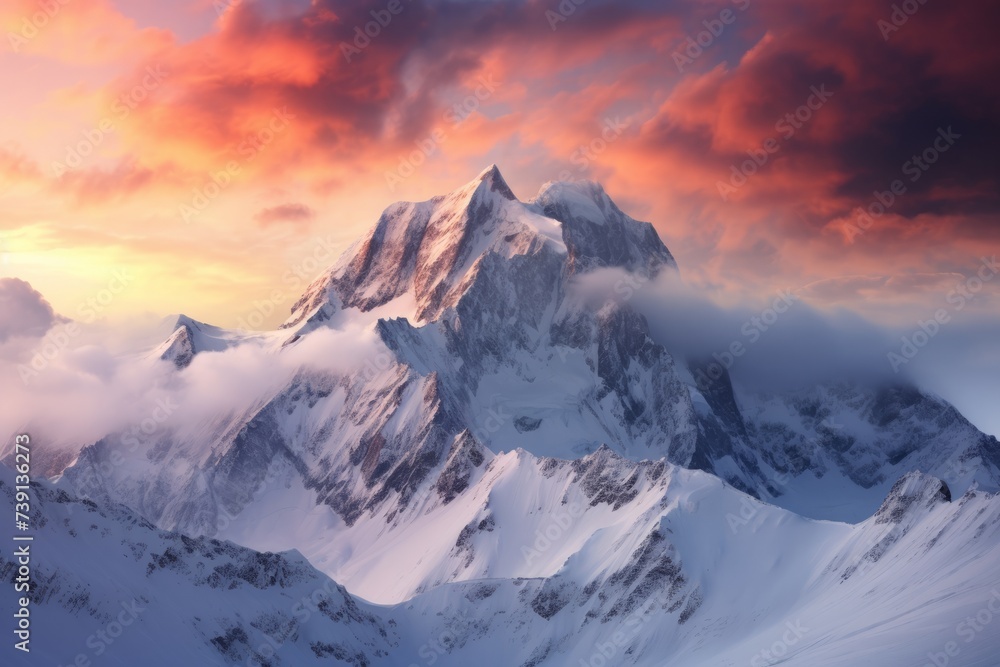 Snow-capped mountains with clouds on the slopes and dark scarlet clouds. The concept for the development of tourism, mountaineering, skiing, rock climbing, excursions in the mountains.  
 - obrazy, fototapety, plakaty 