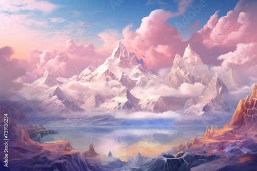 Fantastic landscape of white and pink mountains, white and pink clouds and blue sky. The concept for the development of tourism, mountaineering, skiing, rock climbing, excursions in the mountains. 
