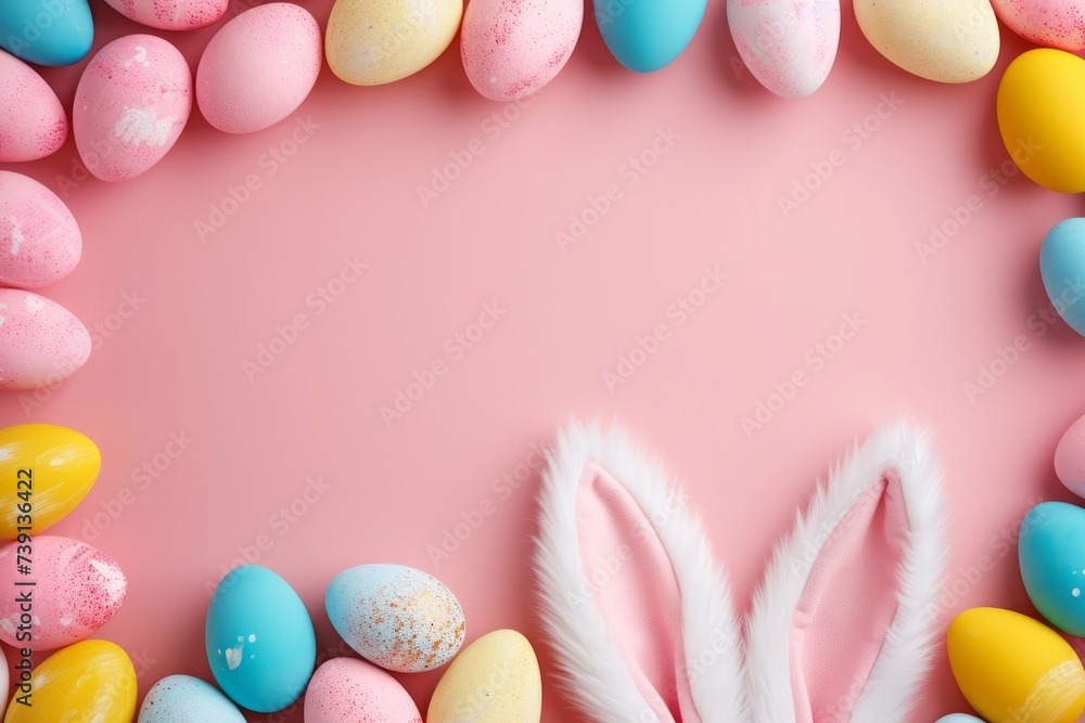 Toy fluffy bunny ears along with decorated eggs on pink background create a frame with empty space in the middle for your text, Easter celebration concept, top view