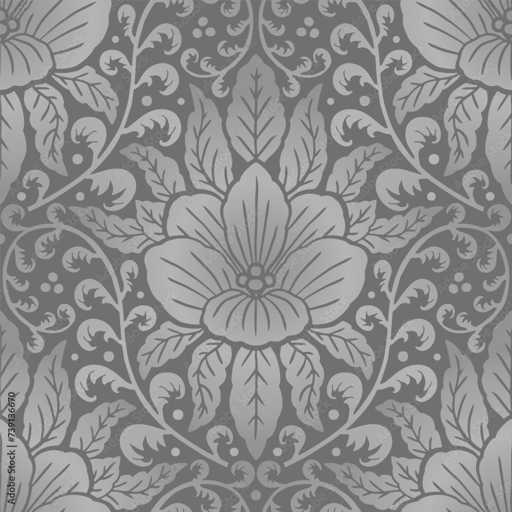 Seamless gray Damask pattern with tropical motifs. Floral abstract repeat monochrome background. Seamless gray Damask pattern with tropical motifs. Floral abstract repeat monochrome background.