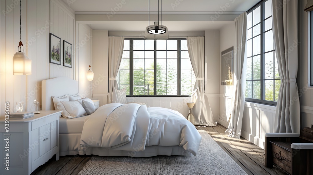 Windows view cozy classic white bedroom with a white blanket and pillows and beige fabric in bed, near book above white wood cabinet, and classic hanging lamp. Classic Scandinavian Bedroom interior Windows view cozy classic white bedroom with a white blanket and pillows and beige fabric in bed, near book above white wood cabinet, and classic hanging lamp. Classic Scandinavian Bedroom interior