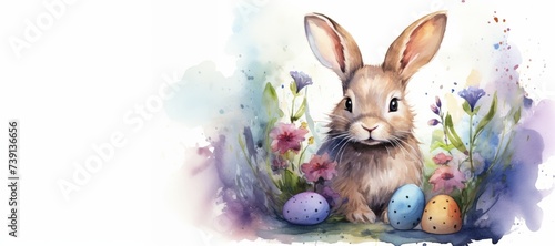 We draw in watercolors beautiful multi-colored Easter eggs with a bunny and flowers for the holiday of Holy Easter, banner, copi space. The concept of celebrating Easter, the arrival of spring.  photo