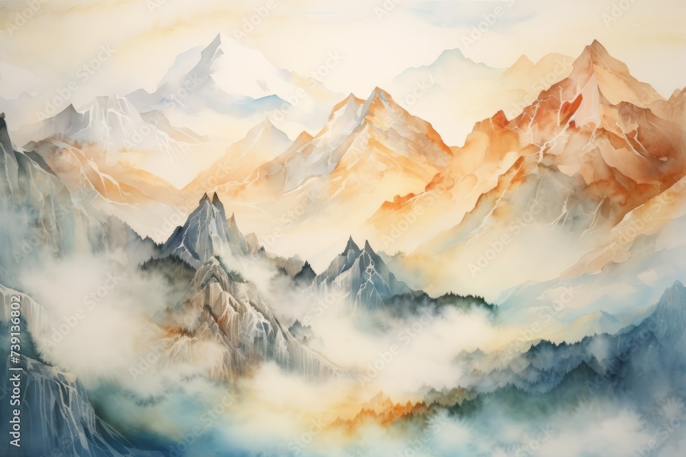 Drawn illustration of watercolor mountains. The concept for the development of tourism, mountaineering, skiing, rock climbing, excursions in the mountains.  
