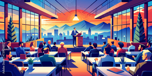 Corporate Excellence: Vector Illustration of a Dynamic Conference Venue with Engaging Speakers and Networking Atmosphere