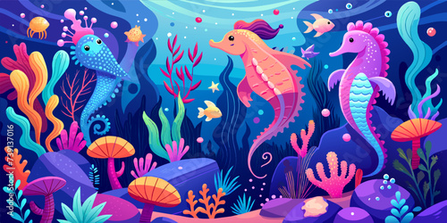 Vector Illustration of Graceful Seahorses, Coral Reefs, and Translucent Jellyfish in Pastel Hues © theartcreator