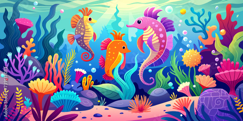 Vector Illustration of Graceful Seahorses  Coral Reefs  and Translucent Jellyfish in Pastel Hues