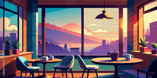 Cozy Café Dawn Vector - Pastel Coffee Cups & Sunrise Ambiance
