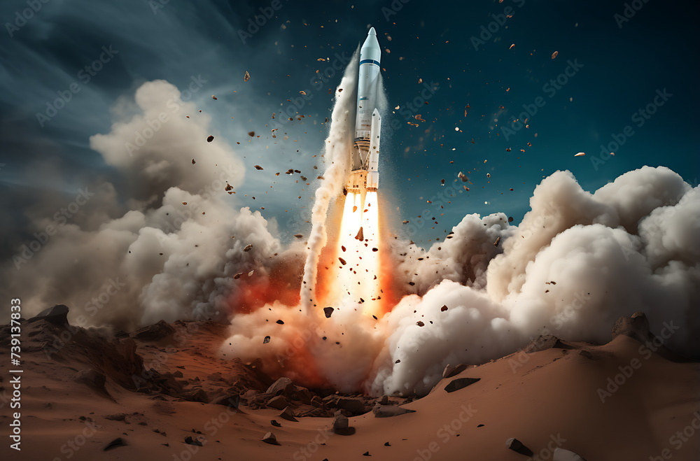 Obraz premium rocket coming out tablet screen, generative ai