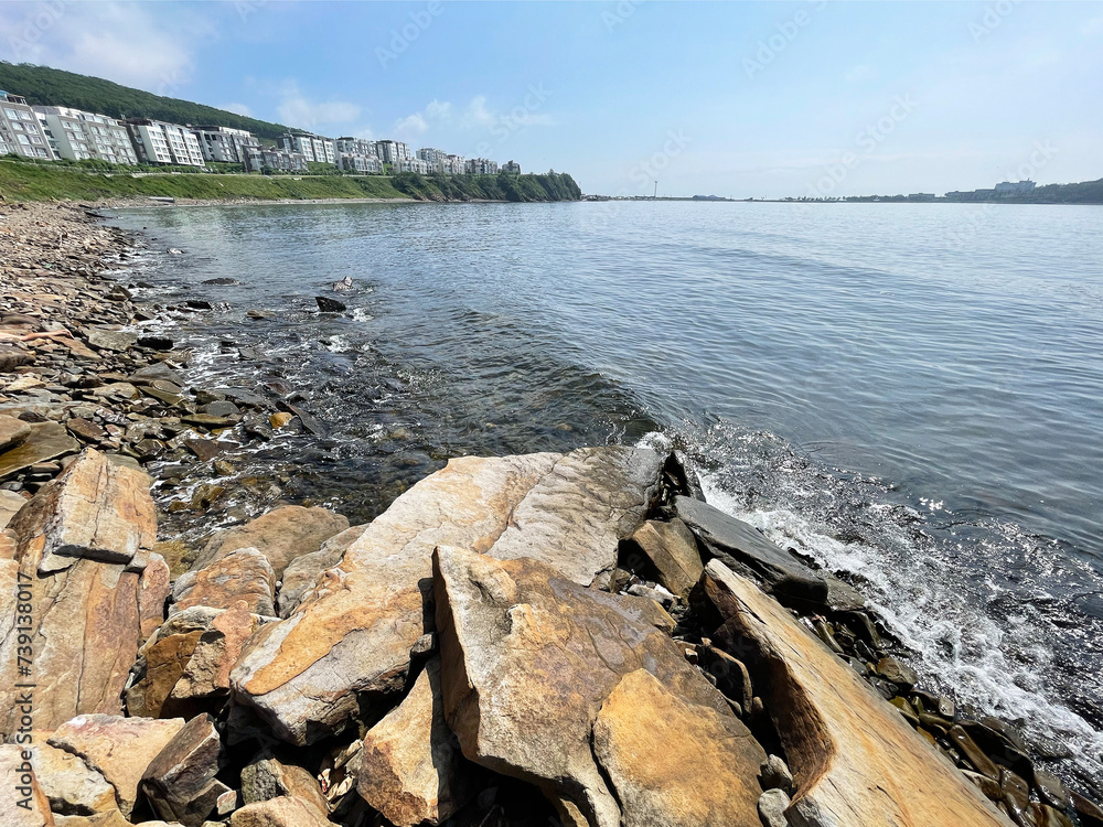 Vladivostok, Ussuri Bay near Patrokl Bay in cloudy summer weather