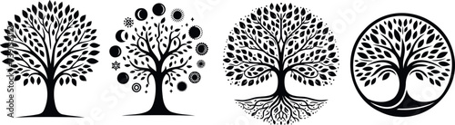 Tree of life, nature inspired art, wellness, spirituality, decor themes, intricate designs, silhouette, branches, leaves, patterns, black, white, roots, growth, organic, natural beauty, elegance, harm