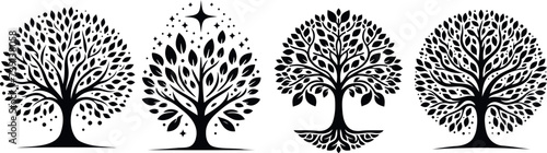artistic tree silhouettes  perfect for logos  tattoos  decorations. Intricate designs  monochrome beauty  nature   s elegance captured in black. Ideal for creative  organic  and environmental themes