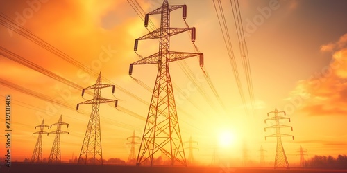 Sustainable electricity flows through high voltage pylons under a vibrant sunrise. Concept Electricity Infrastructure, Renewable Energy, High Voltage Pylons, Vibrant Sunrise, Sustainable Energy