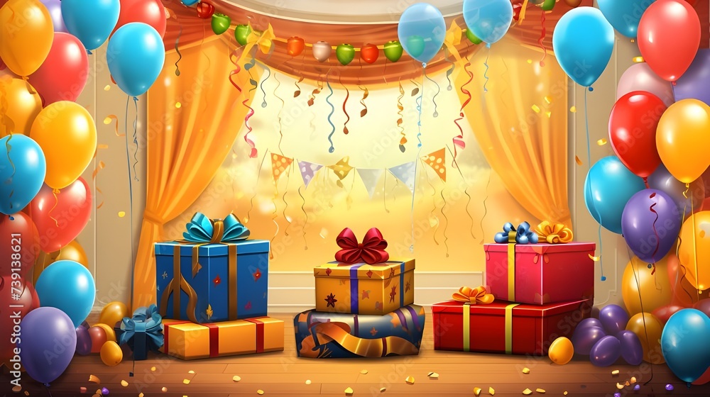 birthday party composition with colored balloons and gift boxes birthday party composition with colored balloons and gift boxes