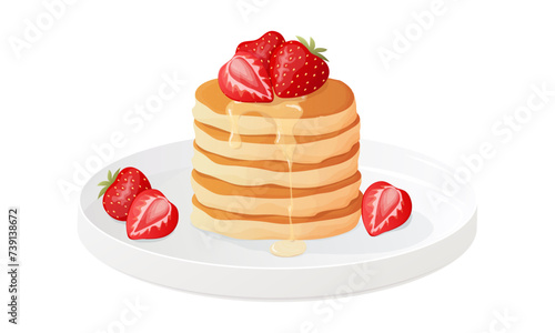 Traditional pancakes with strawberries, maple syrup . Hand drawn breakfast and dessert vector illustration.