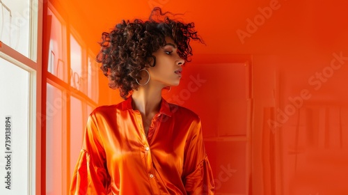  "Jeune femme dans une pièce baignée de lumière orange"