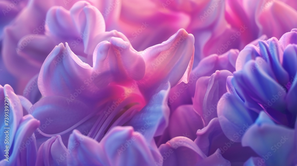 Extreme macro captures the hypnotic waves of hyacinth blooms, their soothing hues blending in a dance of tranquility.
