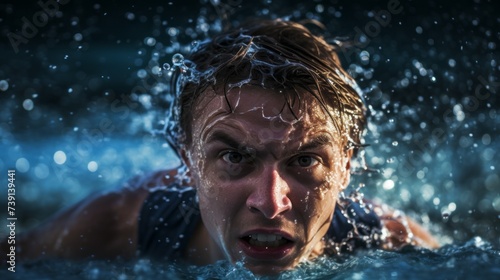 Close-up of a handsome young man swimming in the pool or the sea in the evening. Healthy lifestyle  Sports concepts.