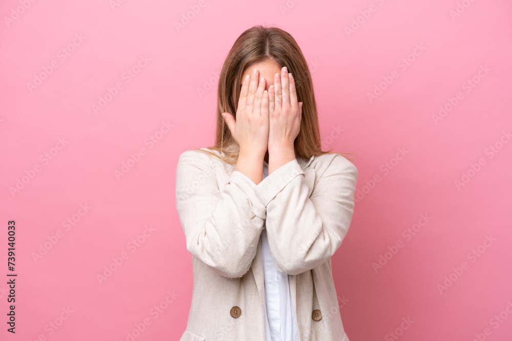Young caucasian woman isolated on pink bakcground covering eyes by hands Young caucasian woman isolated on pink bakcground covering eyes by hands
